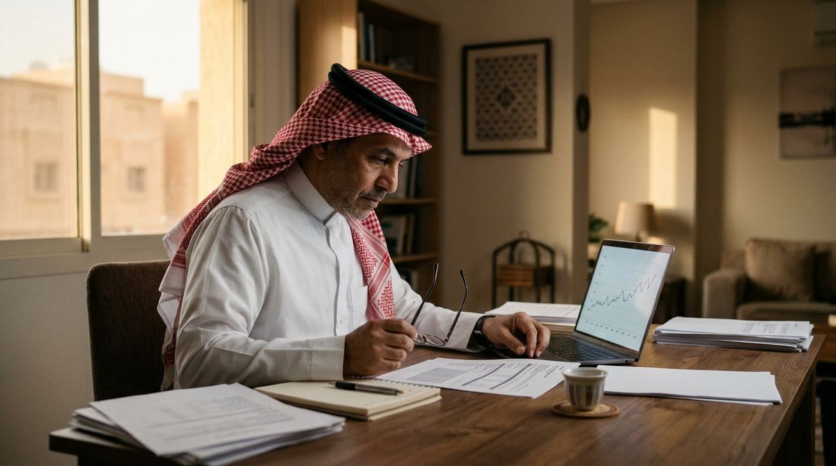رجل سعودي يراجع أوراقًا ورسمًا بيانيًا على حاسوبه في مكتب منزلي