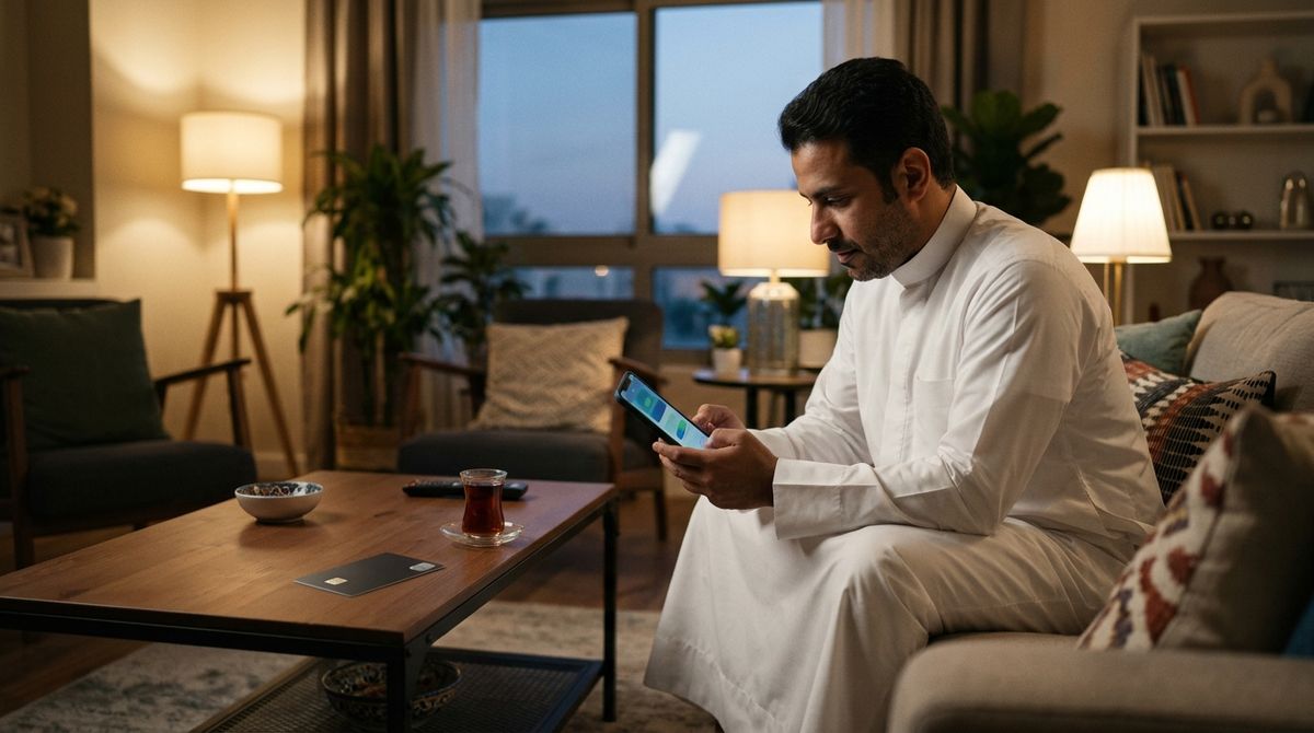 رجل يستخدم تطبيقًا بنكيًا على هاتفه