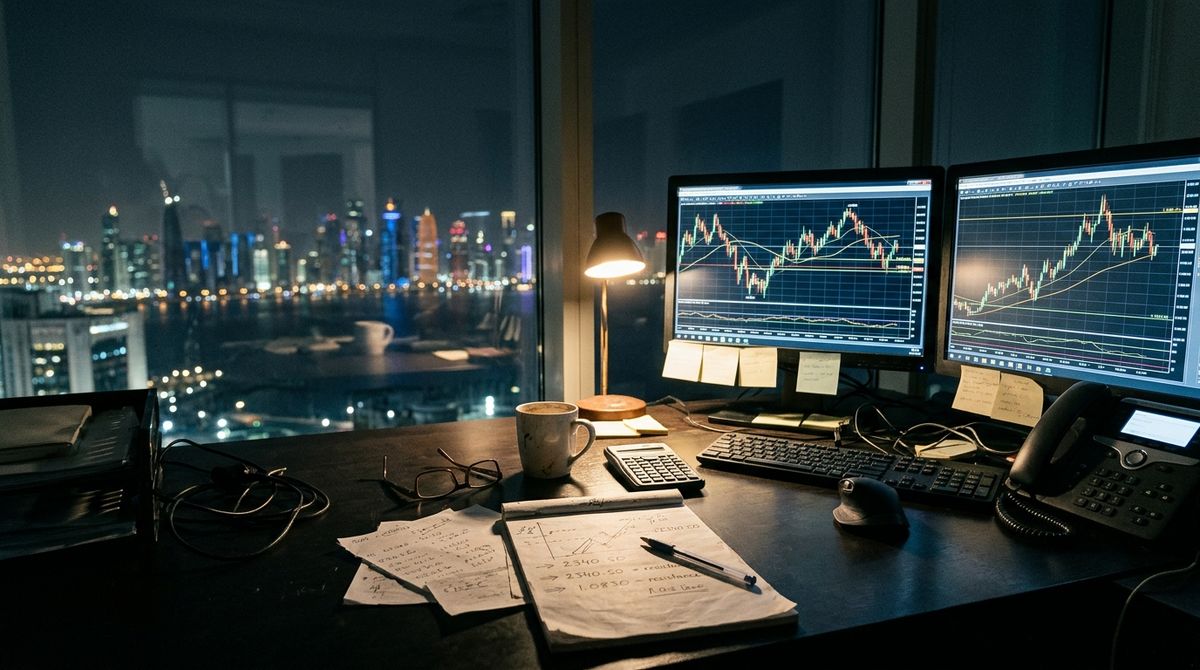 شاشتان تعرضان رسومًا بيانية للعملات والذهب ليلًا