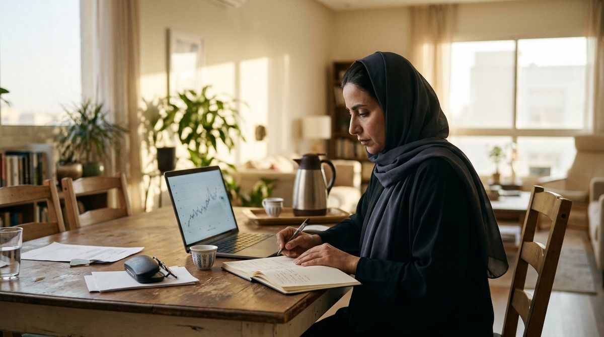 امرأة سعودية تقارن رسمًا بيانيًا على حاسوبها بملاحظات مكتوبة في دفتر